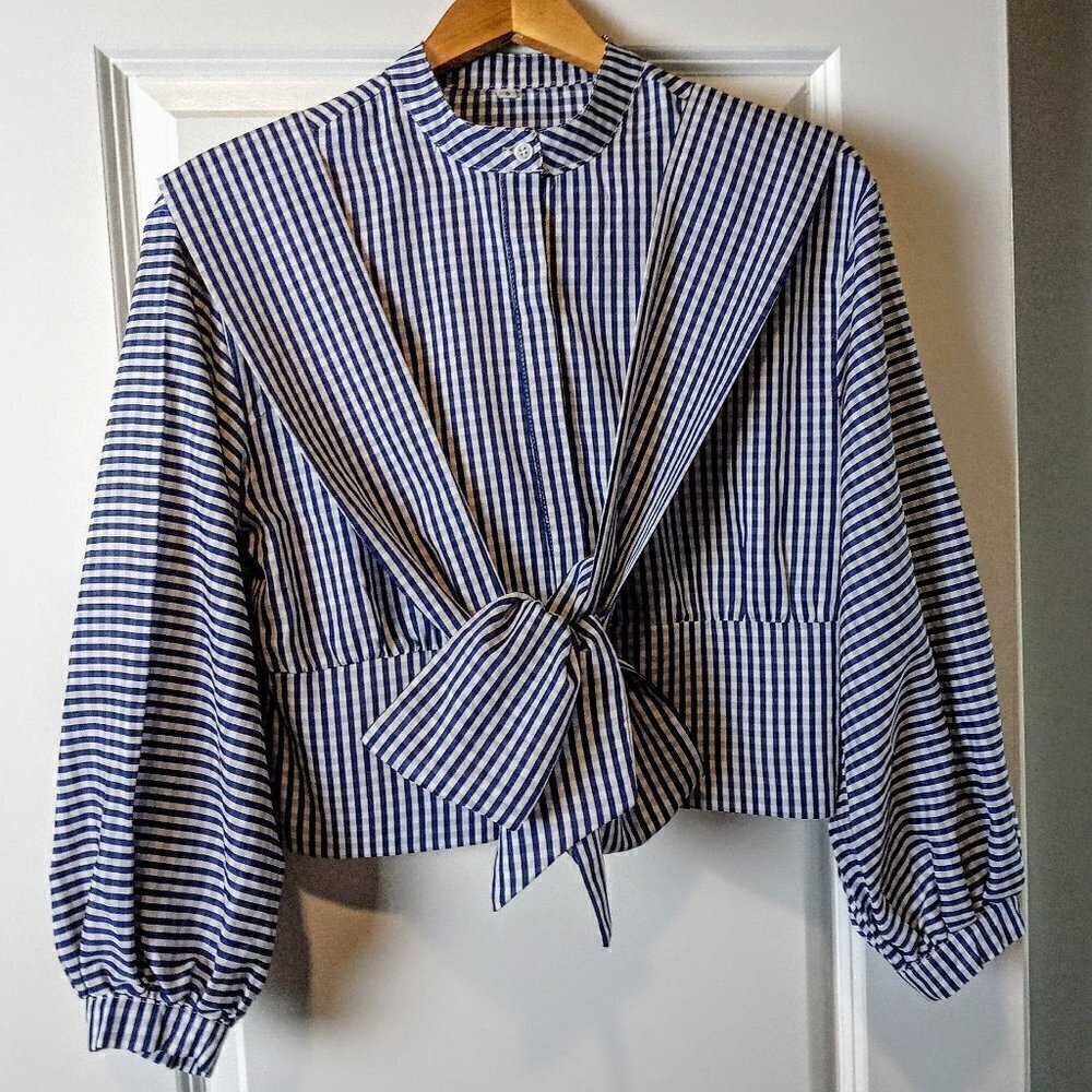 Shein Navy Gingham Bishop Sleeve Belted Blouse